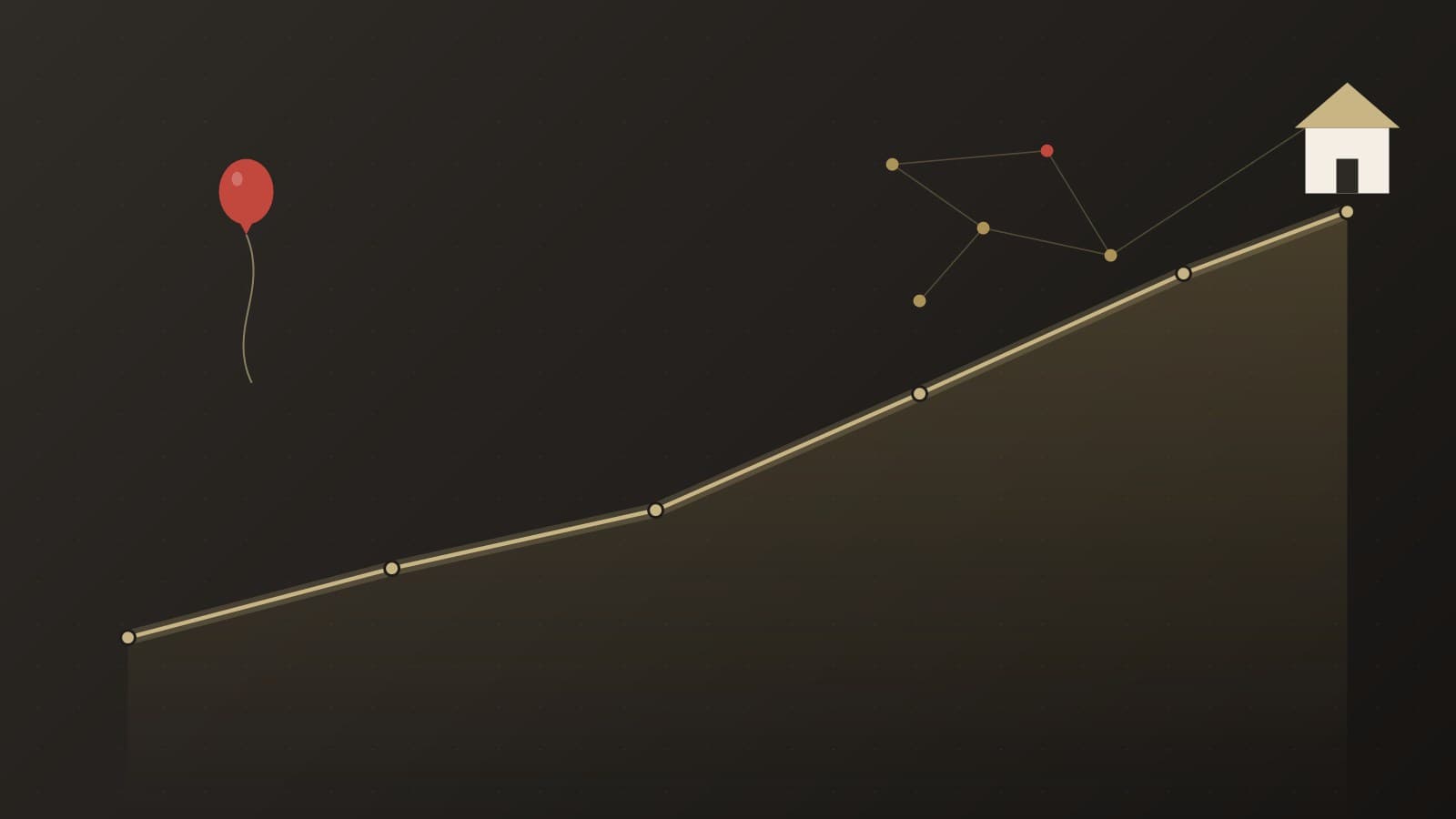 A rising home-value trend line with AI data nodes leading to a house — AI-driven pricing