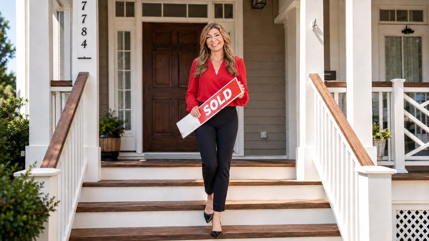 Danielle Halstuch holding a SOLD sign on the front steps of a home